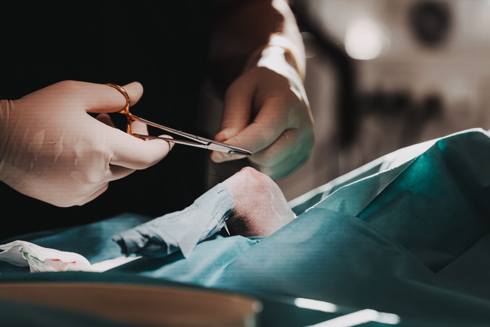 Ein:e Chirurg:in in der Tierklinik Posthausen operiert mit Handschuhen und Werkzeugen an einer Wunde unter OP-Tüchern.