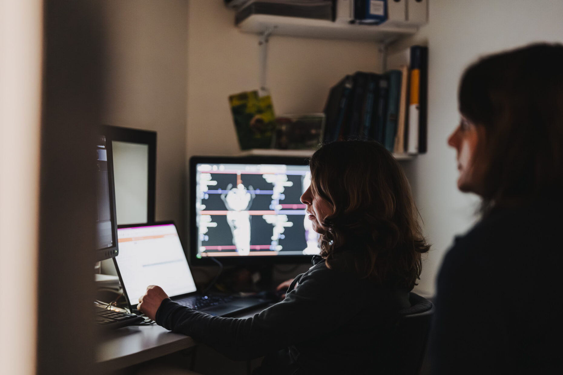 Zwei Personen arbeiten an Computerbildschirmen mit medizinischen Aufnahmen in der Tierklinik Posthausen.